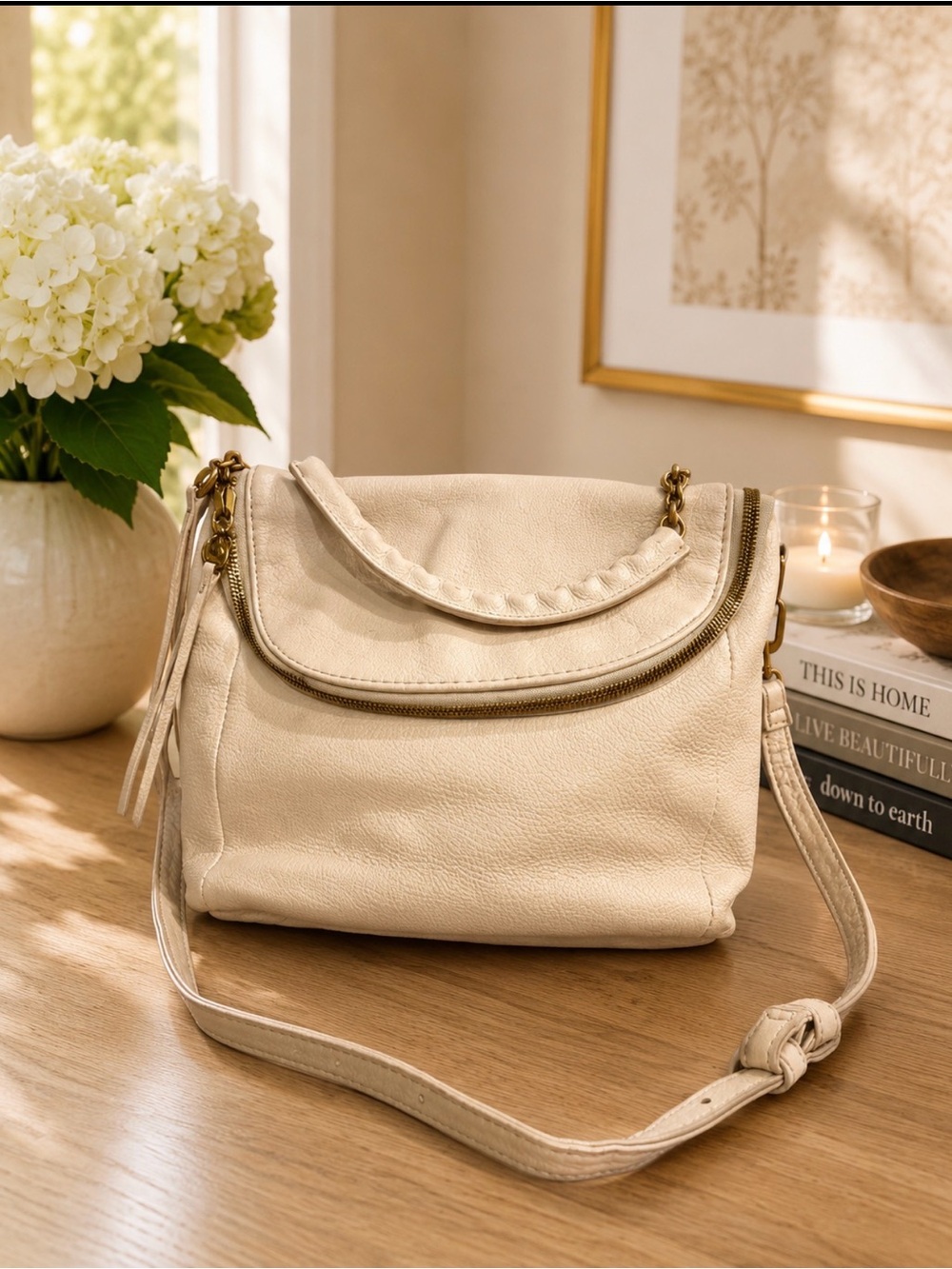 Hobo Cream Leather Crossbody / shoulder Bag with gold tone Hardware